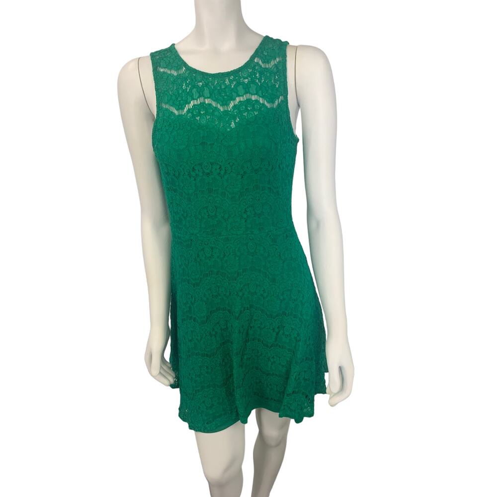Francescas emerald green lace mini dress open back lace tie Small
